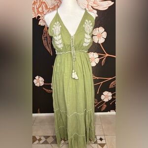 Papa Pia Luxe Light Olive Green Embroidered Tie-Detail Maxi Dress